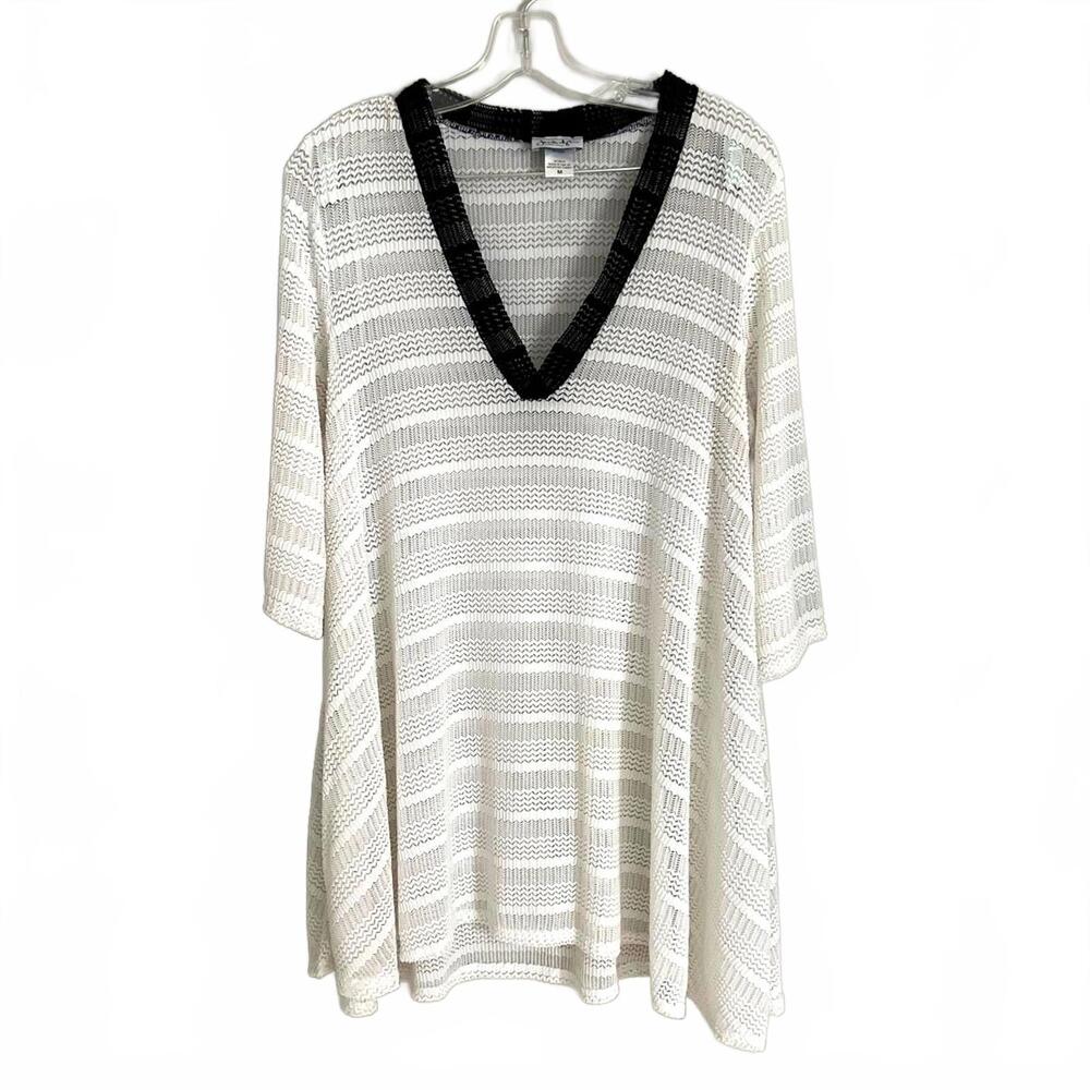 Jordan Taylor Swim Cover-Up Tunic Medium Black White Sheer V-Neck Bell Sleeve